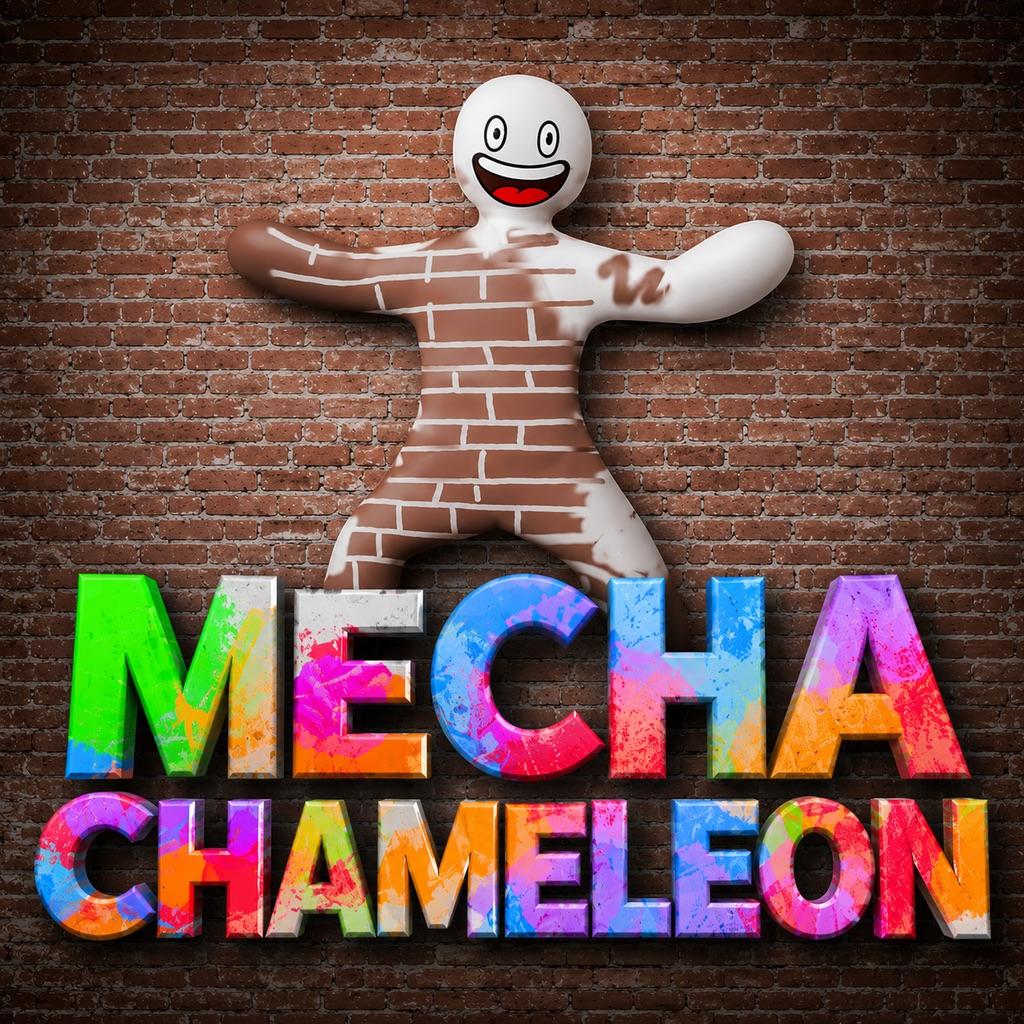 Mecha Chameleon key art: a white blob character painted like a brick wall